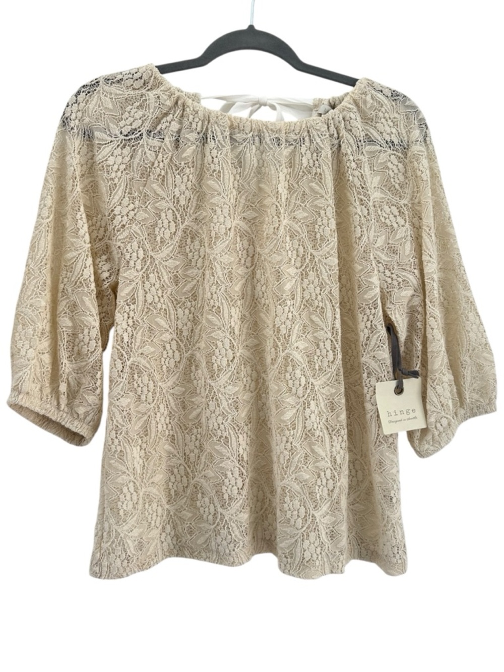 NWT Hinge Cream Floral Lace Balloon Sleeve Tie Neck Blouse Top Women’s Small